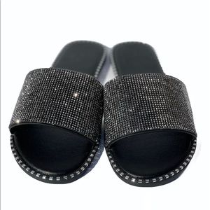 Black Rhinestone Flat Sandals